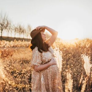 Flutter Sequin Fringe Maternity boho Maxi Dress in Blush Gold.